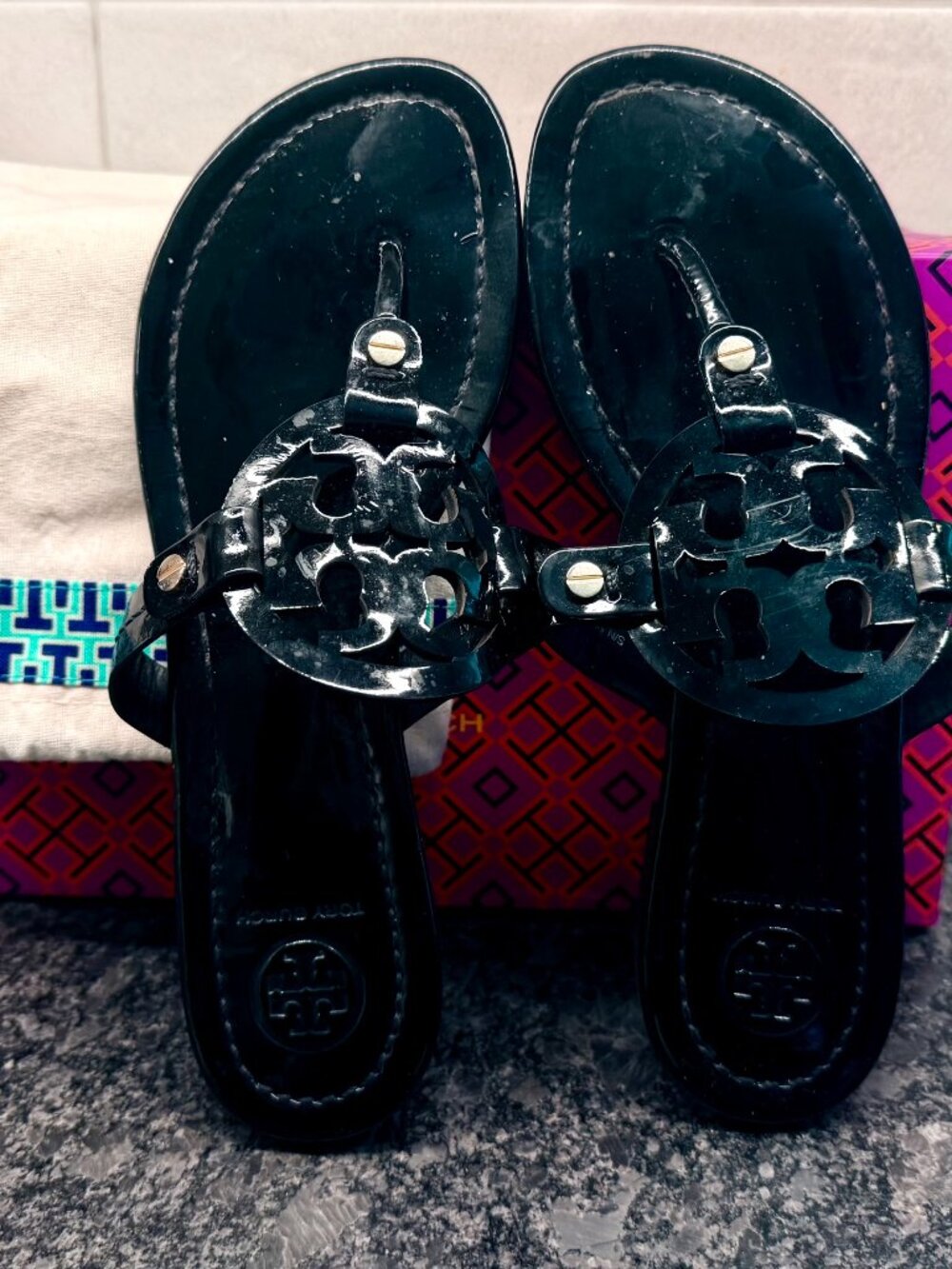 Tory Burch Millar Sandal Black Patent size 6.5 with box and dust bag